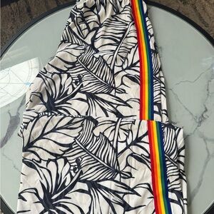 SHEIN Black and White Leaf Print Wide Leg Pants with Rainbow Stripe